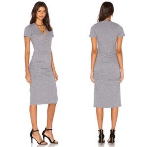 Monrow Shirred Ruched Poly/Cot/Ray Blend V-Neck T-Shirt Dress Heather Gray